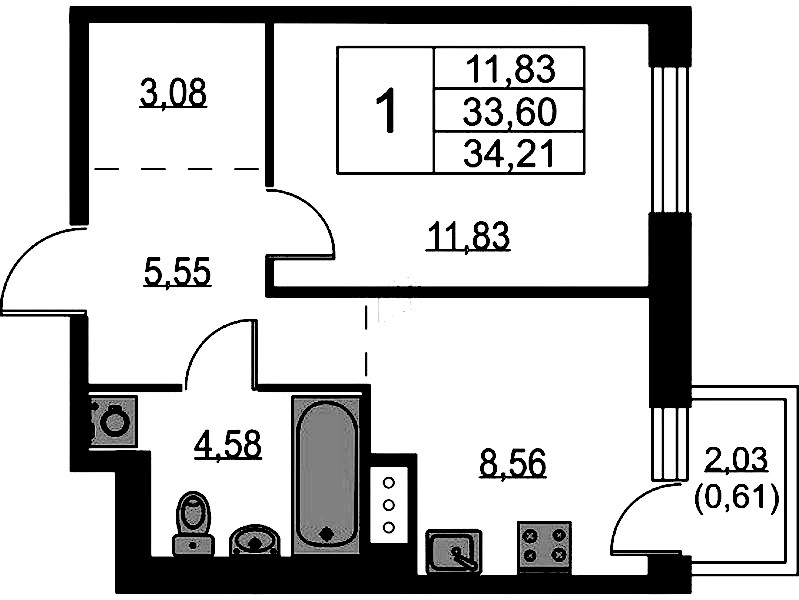 1-комнатная квартира 34.21 м², 6/9 эт., ЖК «Квартал Лаголово»